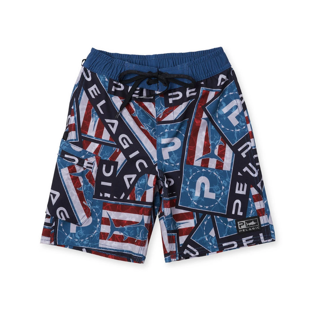 Apparel Kid's Blue Water Americamo Sticker Fishing Shorts Kids 3T - 5T Apparel Kid's Blue Water Americamo Sticker Fishing Shorts Kids 3T - 5T