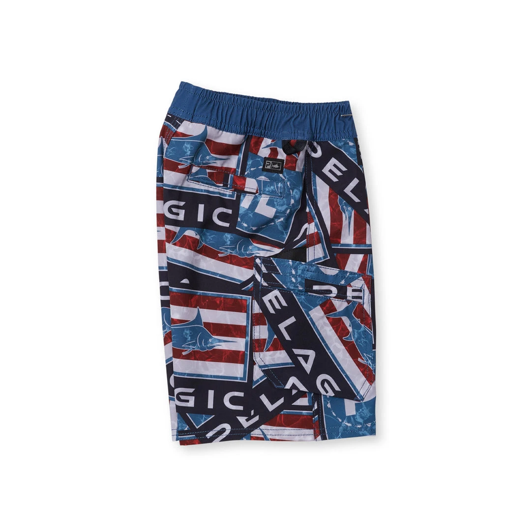 Apparel Kid's Blue Water Americamo Sticker Fishing Shorts Kids 3T - 5T Apparel Kid's Blue Water Americamo Sticker Fishing Shorts Kids 3T - 5T